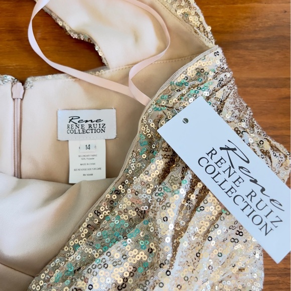 Rene Ruiz Gold Sequin Metallic One Shoulder Cocktail Dress Sz 14 NWT - Picture 7 of 12